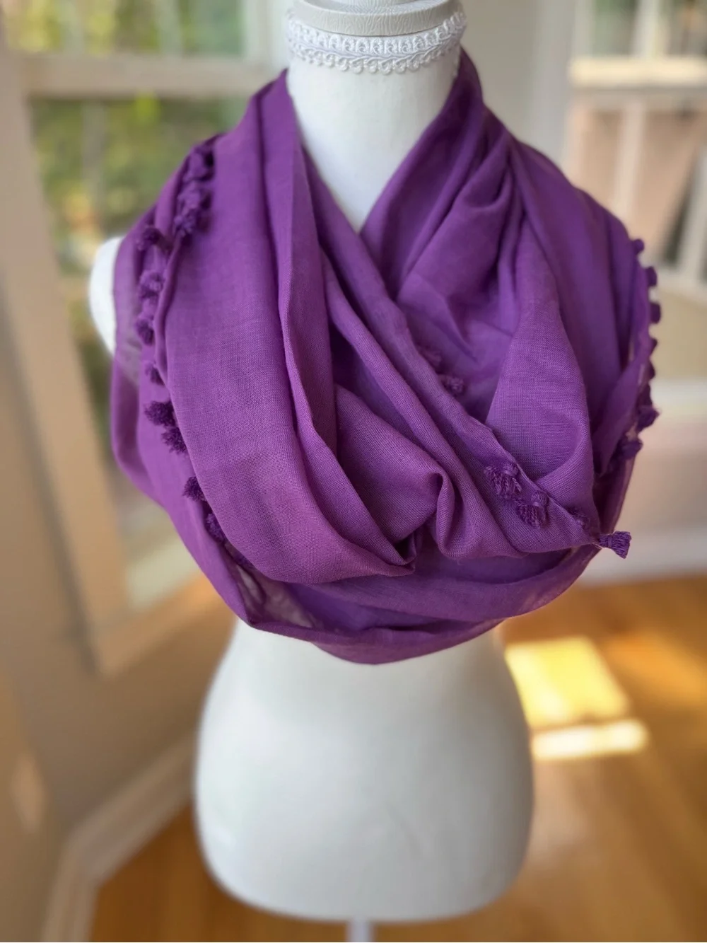 World Market Violet Purple Tassel Pom Infinity Scarf